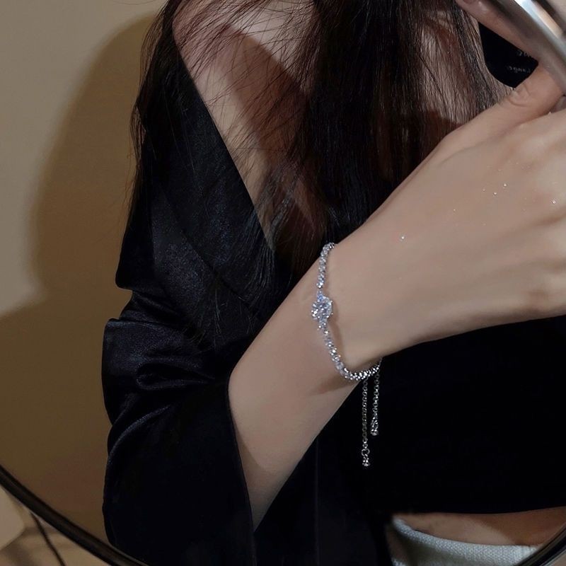 Moissanite Chain Bracelet for Women, Starry Zircon, Sparkling, Colorless, Full Diamond, Pull-Out Watch Niche Chain