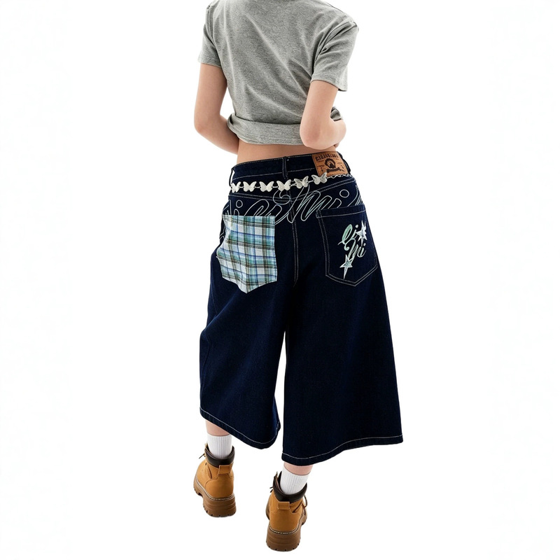 American Retro Style Embroidered Pocket Cropped Jeans for Women, Summer Thin Cropped Pants for Petite Girls, Loose Wide-Leg
