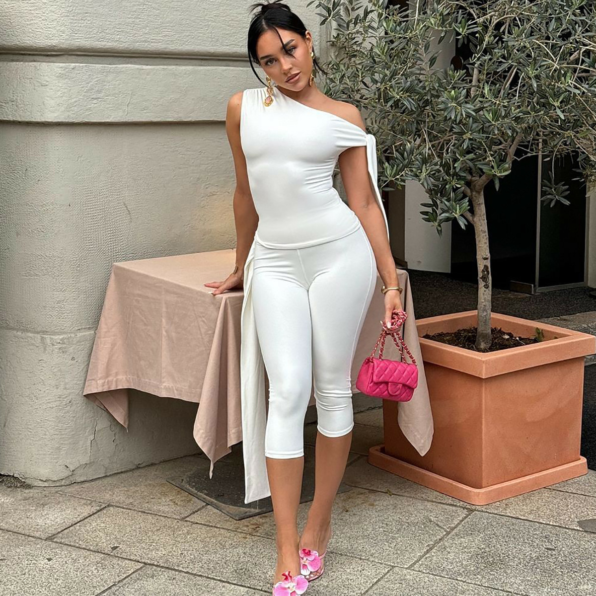 2025 Summer New Fashion Street Style Asymmetrical Neck Sleeveless Top Slim Fit Tie Shorts Set Wholesale_ecoleips.com