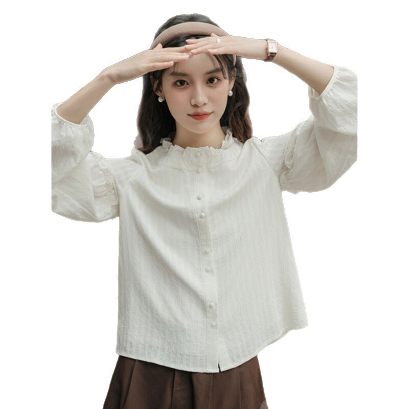 立领木耳衬衫女早秋盐系穿搭2025年新款内搭打底衫法式长袖上衣|undefined