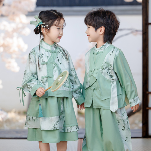 Children's Hanfu Performance Clothing Spring Girls Chinese Style Super Fairy Ink Ancient Costume Set Boys Retro Tang Suit Two Piece Set 