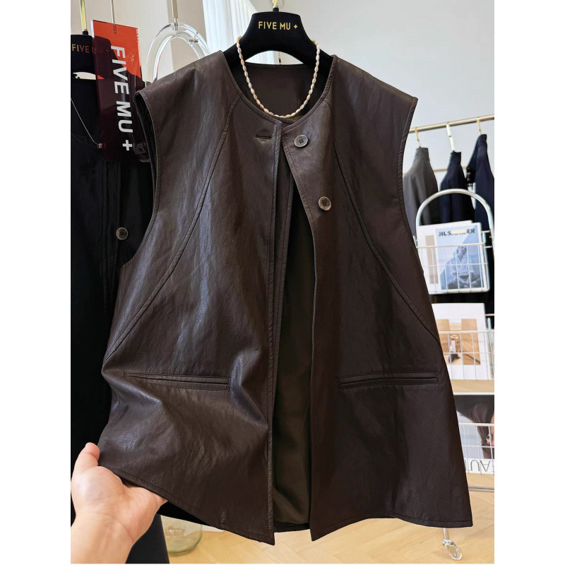 High-End, Unique and Unique Design, Round Neck Sleeveless Leather Vest for Women, Autumn Layered Vest and Waistoutwear Jacket High-End, Unique and Unique Design, Round Neck Sleeveless Leather Vest for Women, Autumn Layered Vest and Waistoutwear Jacket
