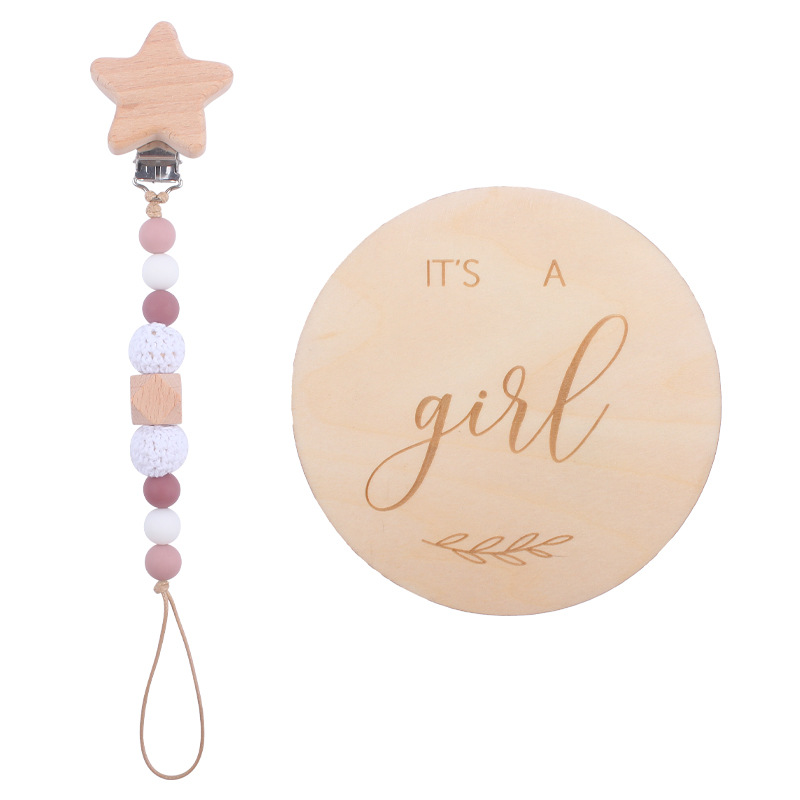 Nuevo bebé suministros madera hito tarjeta creativa bebé estrella de dibujos animados haya clip chupete cadena traje