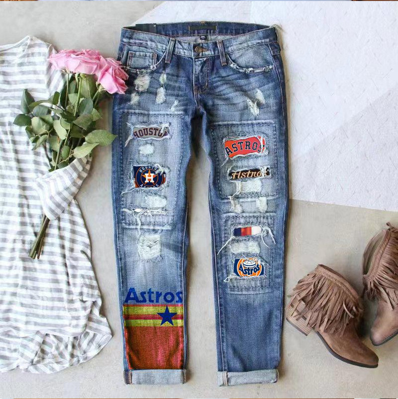 European and American cross-border factory direct sales: new, fashionable, printed, distressed, mid-rise, straight-leg women’s jeans