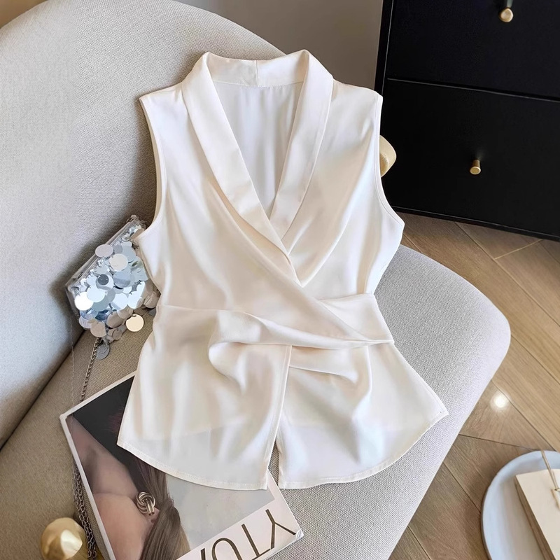 Silk Satin Waist Sleeveless Shirt for Women Summer Design Cross Strap Vest Top Elegant Mulberry Silk Shirt Silk Satin Waist Sleeveless Shirt for Women Summer Design Cross Strap Vest Top Elegant Mulberry Silk Shirt