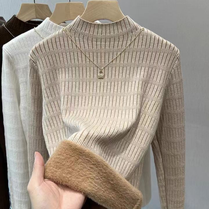 Otoño y invierno nuevo estilo coreano versátil camiseta de base de cuello medio alto con una camiseta de lana de color sólido y suéter de punto de lana para mujeres