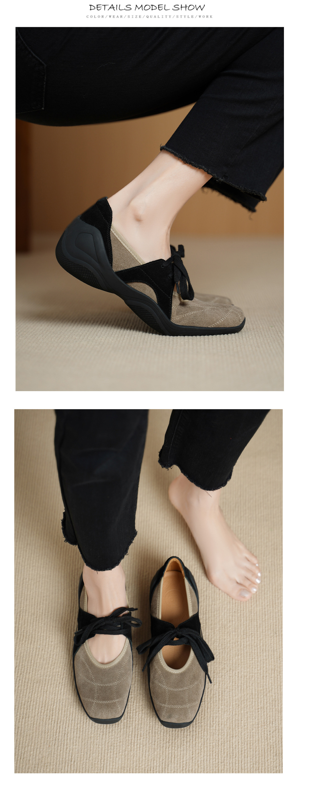 Giày sneaker nữ đế dày miệng thấp dây buộc phối màu da lộn — màu mơ chi tiết 8