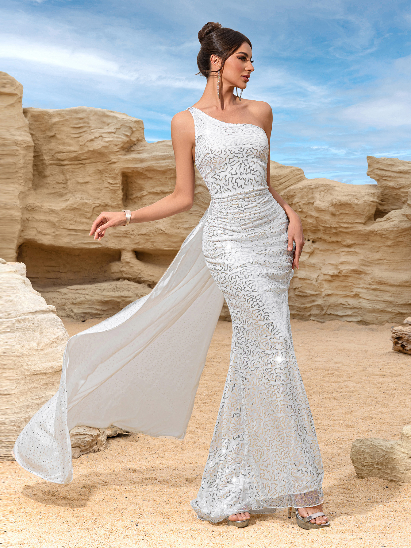 Vestido de noche largo europeo y americano, transfronterizo, blanco, con lentejuelas, de un solo hombro, de cintura alta y con abertura, para dama de honor o boda.