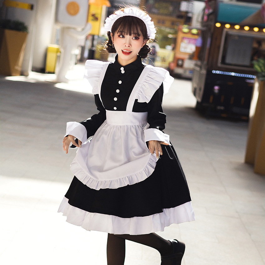Black and White Maid Costume in Japanese Gothic Style, Elegant Women's Lolita Maid Dress, One-Time Shipping Stage Costume