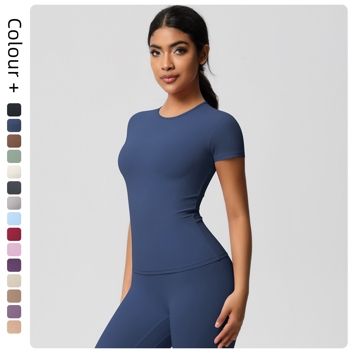 Cross-border New Solid Color Sanding Tight Short-sleeved Yoga Suit Pilates Running Sports Fitness T-shirt Top in stock