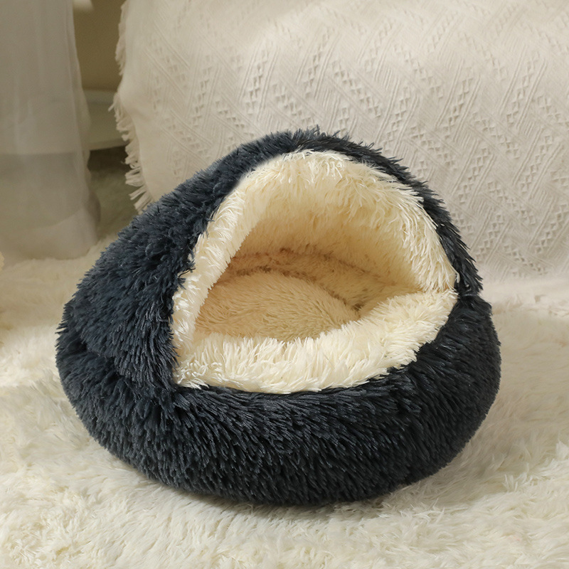 Peluche de concha para gatos de felpa, nido para mascotas, cama para perros cálida en invierno, cama para mascotas, caseta para perros, semi envolvente para mascotas, personalizado al por mayor
