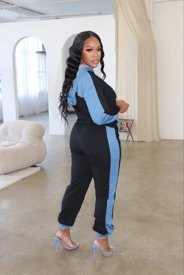 Women's Clothing 2024 autumn and winter hit casual denim patchwork hooded two piece suit_voghion.com