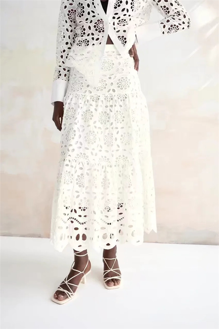 210g Weight Long Sleeve Sleeve Length Cotton and Linen Fabric Type Skirt Co-ord Set Sets Type One Piece Quantity Daily Occasion Shirt Collar Neckline Comfort Function Regular Fit Fit Type Solid Color Pattern Summer Season Women'S Gender Hollow Out Design Vacation Style Daily Women'S Vacation Solid Color Cotton And Linen Hollow Out Skirt Co-ord Set Skirt Sets