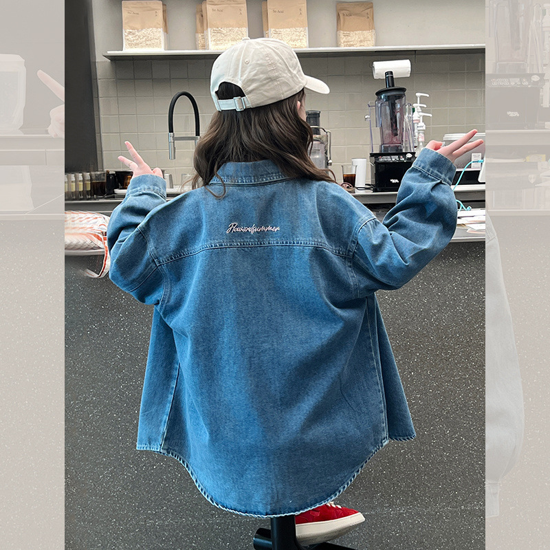 女の子デニムシャツ、韓国風女の子シャツ、子供ジャケット、カーディガン、大きい子供服、2025春秋の新スタイル|undefined