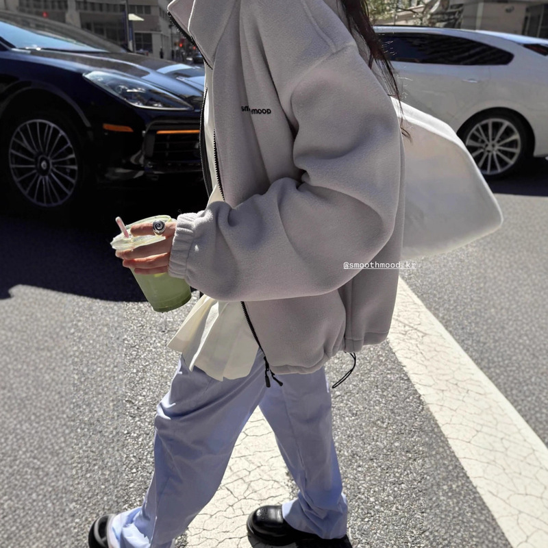 Now, Korean Designer Smoothmo*D Stand-Up Collar Fleece Zipper Jacket Korean Style Letter Embroidered Sweatshirt for Women