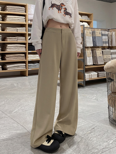 Khaki suit pants for women's summer 2026 new style, loose, small, high-end, drag-feeling straight, wide-leg pants