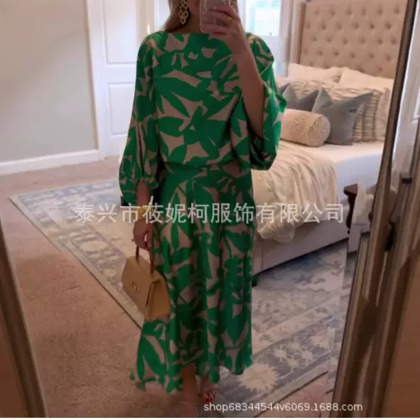 2025春夏季新品欧美跨境女装气质优雅绿色印花短袖腰带垂感连衣裙