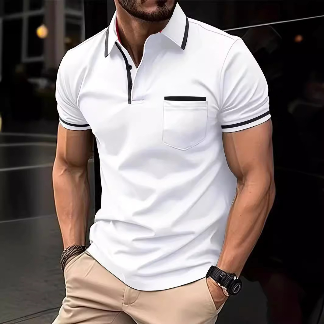 Polo Monochrome Man - Patchwork de poche pour le commerce extérieur, style européen et américain, col rabattu, décontracté au quotidien._voghion.com