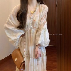 フランス式キキョウvネック砕花茶休ワンピース女性リゾート風気質超仙レトロウエストロングスカート春夏