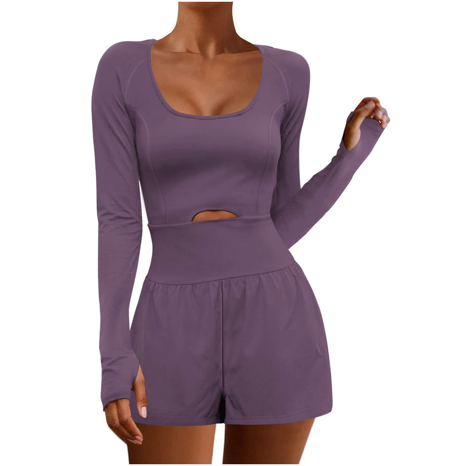 Transfronterizo europeo y americano sexy Hollow deportes ropa de mujer Amazon cintura-apretado moda manga larga al aire libre color sólido bolsillo mono