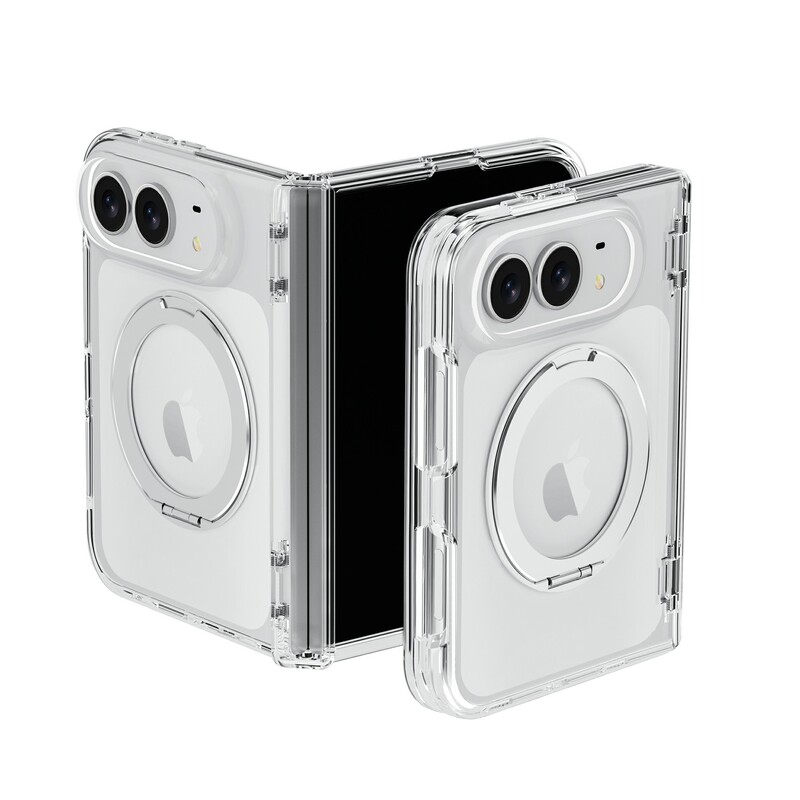 iPhone Duo foldable magnetic phone case, transparent glitter design, MagSafe compatible, 360-degree rotating stand