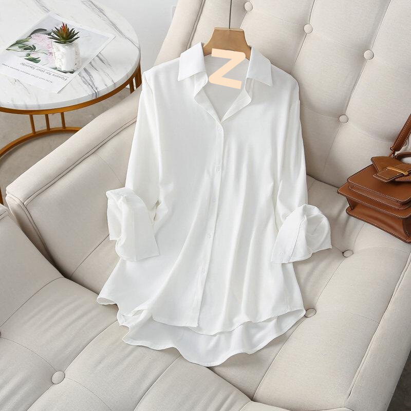 Soft Imitation Tencel Shirt for Women with Drapedy Design, Niche Spring & Fall Versatile Casual White Bottoming Shirt, Slimming Look Soft Imitation Tencel Shirt for Women with Drapedy Design, Niche Spring & Fall Versatile Casual White Bottoming Shirt, Slimming Look