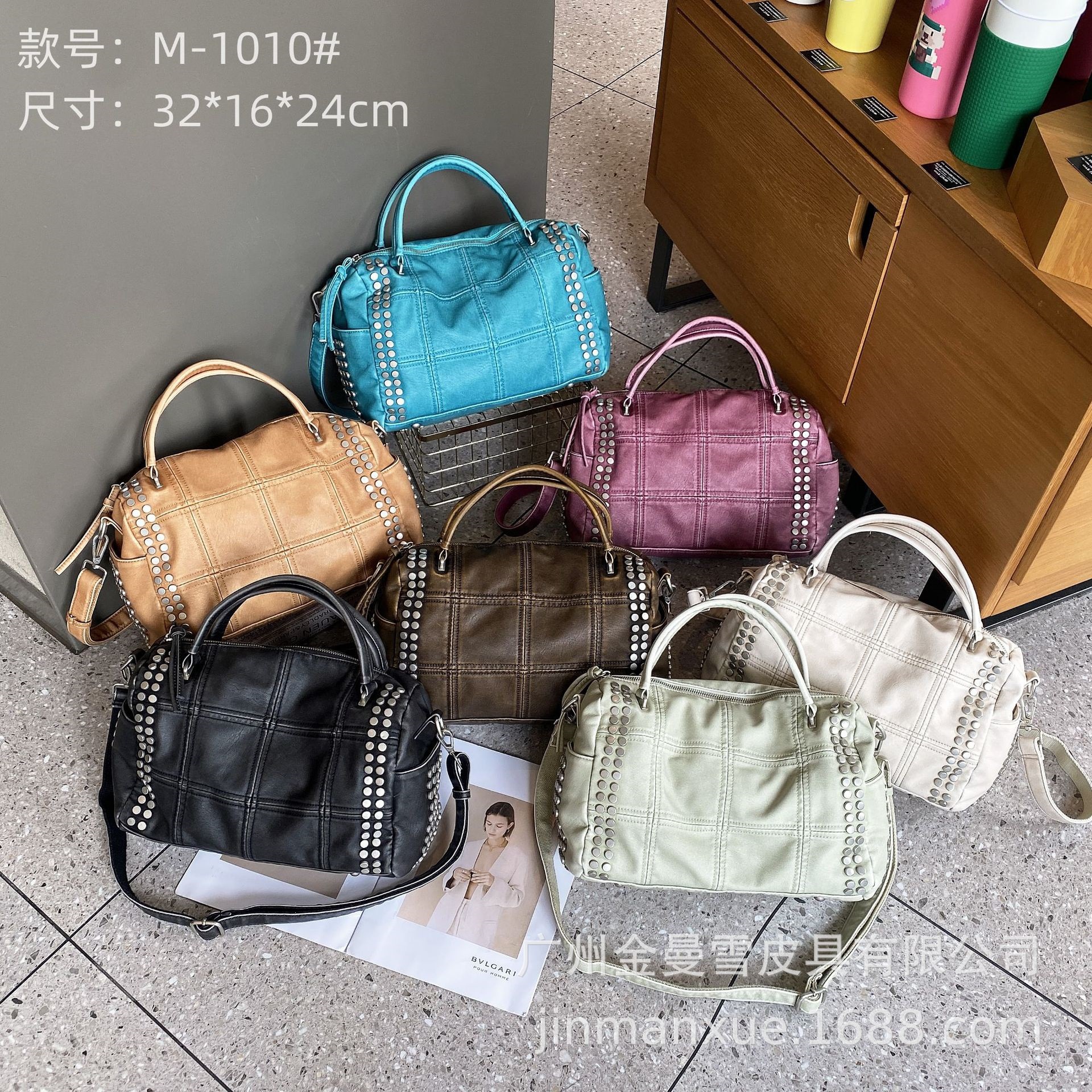 跨境夏季新款软皮斜跨铆钉休闲洗水皮简约百搭手提单肩大容量包包