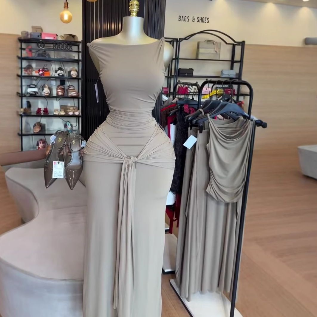 Women's Clothing Summer Style Women's Elegant Solid Color Sleeveless Top And Tie Up Slim Skirt Set Clothing_ecoleips.com