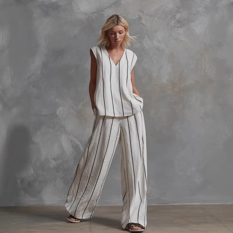 European and American Cross-Border Women's Fashion 2026 French Minimalist Style Black and White Vertical Striped Loose Cotton-Linen Wide-Leg Pants Two-Piece Set European and American Cross-Border Women's Fashion 2026 French Minimalist Style Black and White Vertical Striped Loose Cotton-Linen Wide-Leg Pants Two-Piece Set