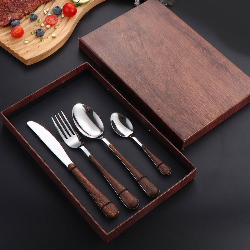 Stainless Steel Tableware Imitation Wood Grain Clip Handle Knife and Fork Spoon Tea Spoon Four-piece Set Western Steak Knife Pagat Fork Hotel Spoon Stainless Steel Tableware Imitation Wood Grain Clip Handle Knife and Fork Spoon Tea Spoon Four-piece Set Western Steak Knife Pagat Fork Hotel Spoon