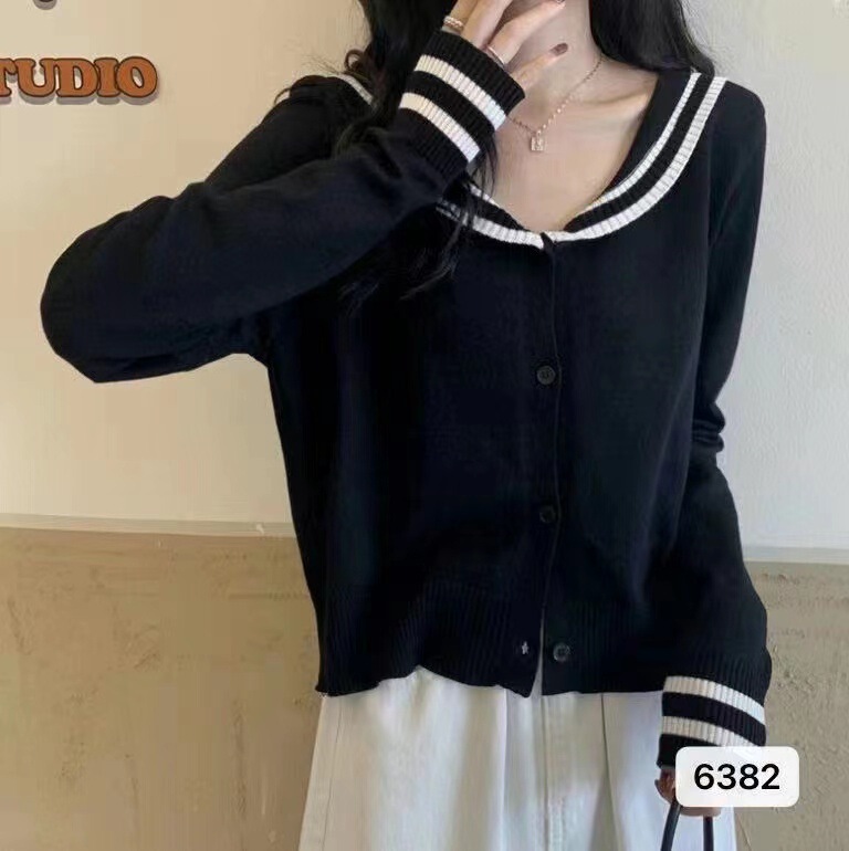 Korean Style Navy Collar Loose Sweater for Women 2024 Spring New Versatile Foreign Style Short Long-Sleeved Knitted Cardigan Top