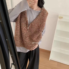 花纱韩系V领拉链针织马甲开衫女2025秋季新款宽松显瘦毛衣背心女