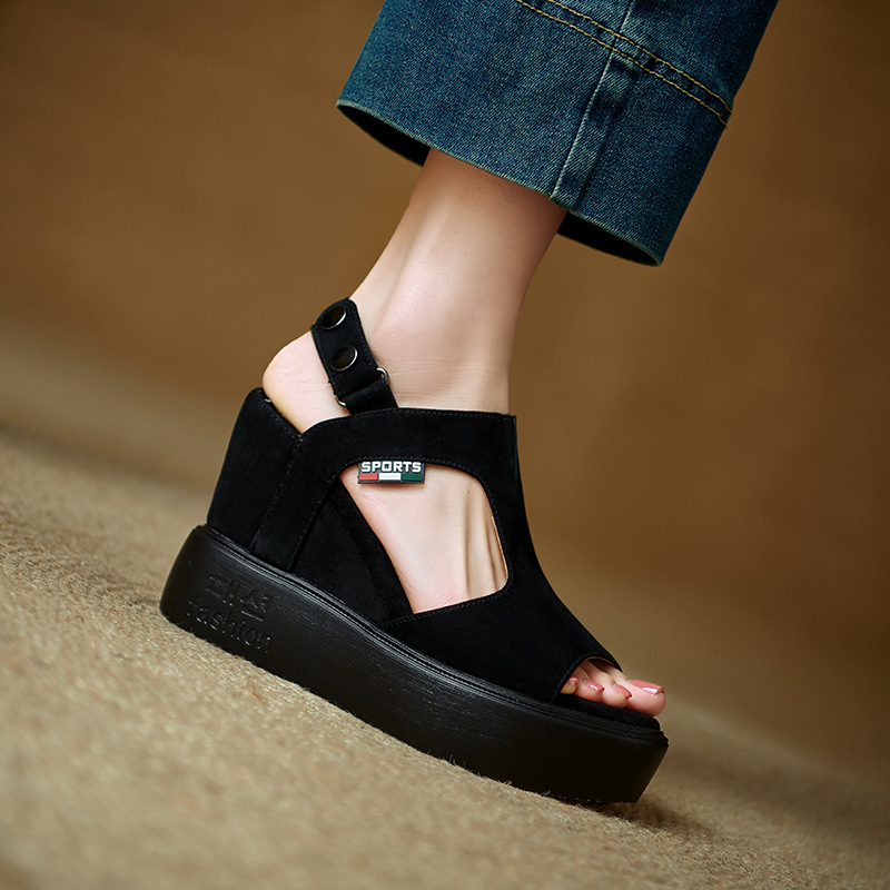 Sandal cao gót nữ hở mũi đế xuồng tăng chiều cao, phong cách La Mã, gót 9 cm — màu đen, xanh lá cây