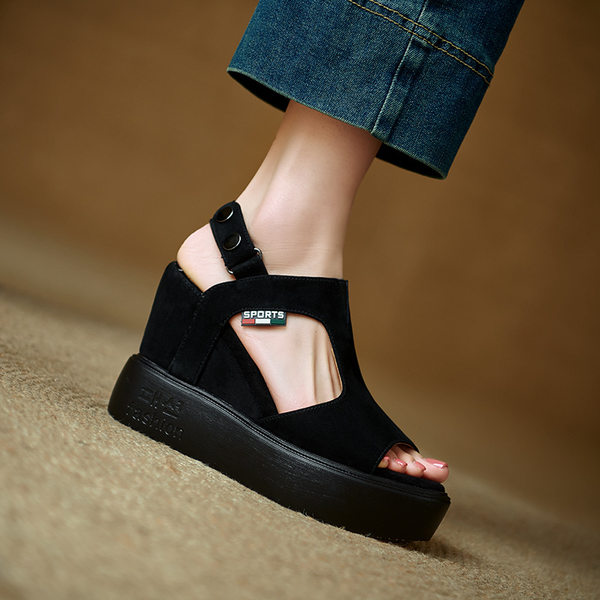 Sandal cao gót nữ hở mũi đế xuồng tăng chiều cao, phong cách La Mã, gót 9 cm — màu đen, xanh lá cây