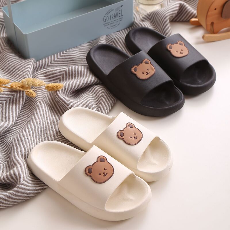 Women's Summer Slippers, Bear-Themed Couple's Shoes, Indoor Non-Slip Thick-Soled Bath Slippers, Men's Cool Home Slippers