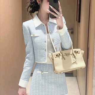 2026新款气质蓝色粗花呢外套半身裙套装女感千金风温柔两件套
