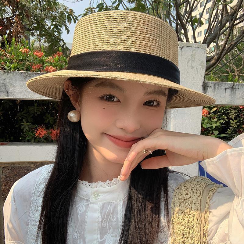 2026 New Style Large Brim French Flat-Top Straw Hat for Women, Summer Beach Sun Hat, Large Size, Sun Protection Hat