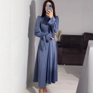 欧美收腰设计感连衣裙显瘦女新款纯色亚马逊2025绑带长袖长裙春季