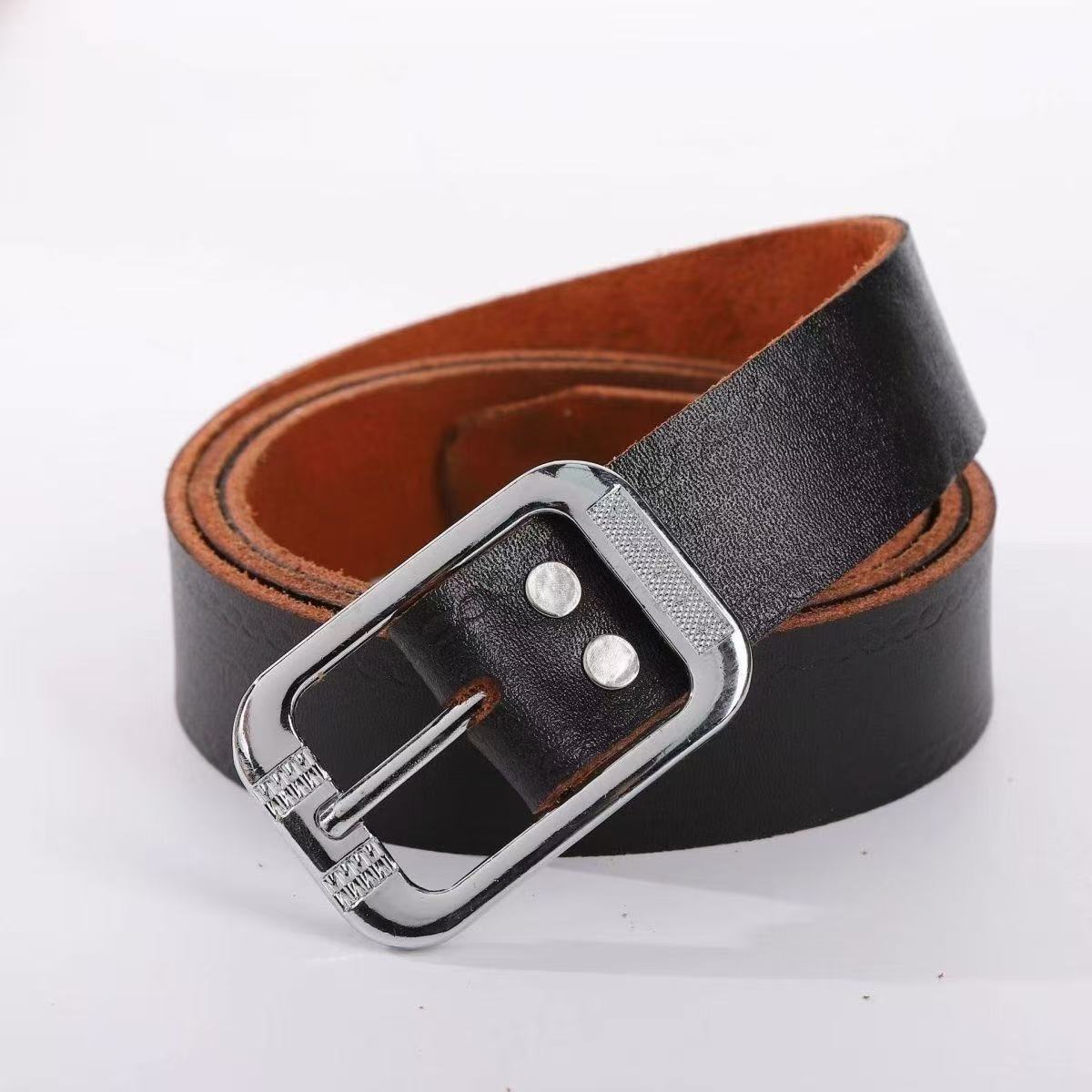 Whole-piece cut pigskin belt with alloy pin buckle and wire buckl