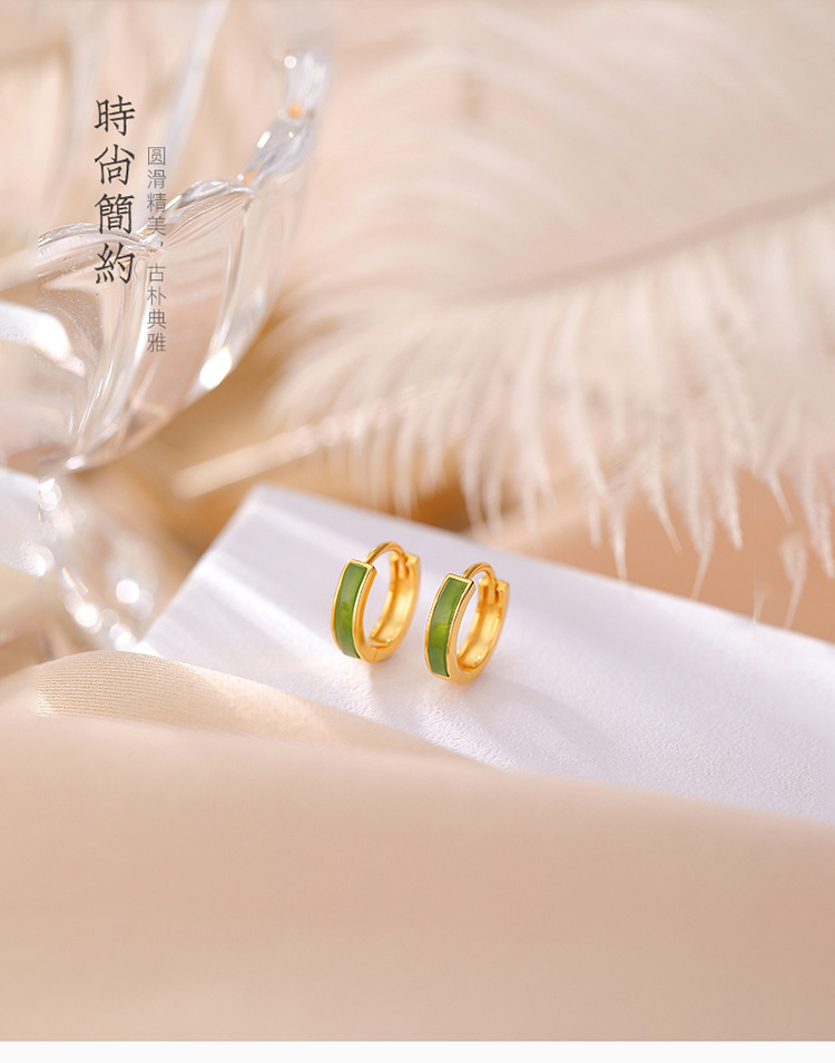 Bông tai ngọc bích Hetian tự nhiên bạc S925 mặt đá Jasper hình ống cong kiểu dáng giản dị — Mẫu bạc chi tiết 2