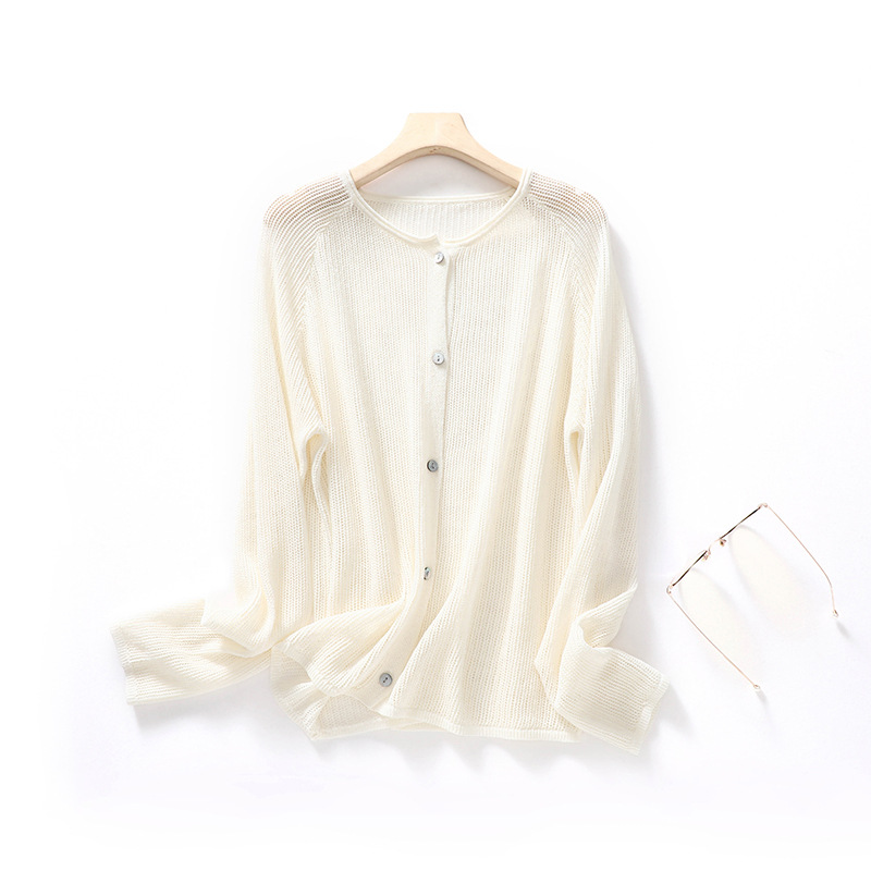 Summer thin solid color cardigan with a round collar