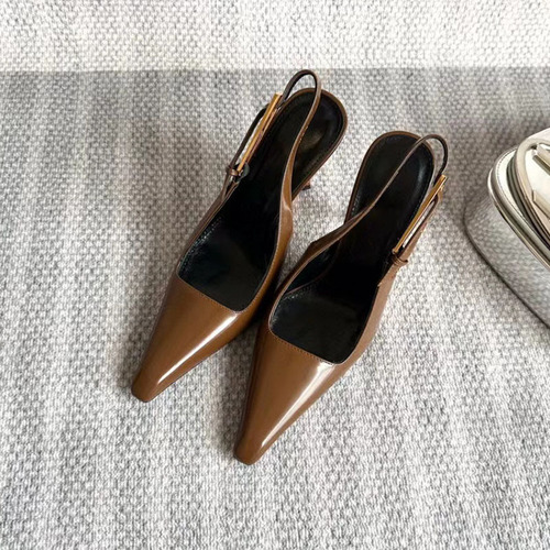 2024 Spring New Baotou Flat Sandals with High Heels, Slim Heel, Pointed Toe, Backless, Open Toe, Polished Leather, Shiny Surface for Women