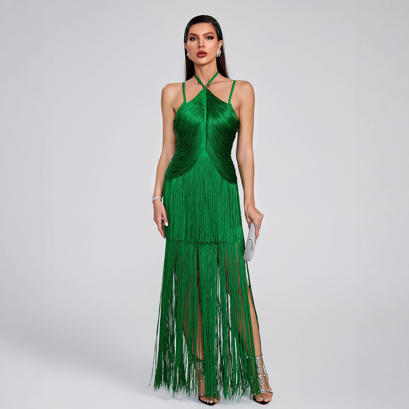 Amazon Independent Site Best-Selling New Halterneck Suspender Long Skirt with Tassels Sexy Dinner Party Dress