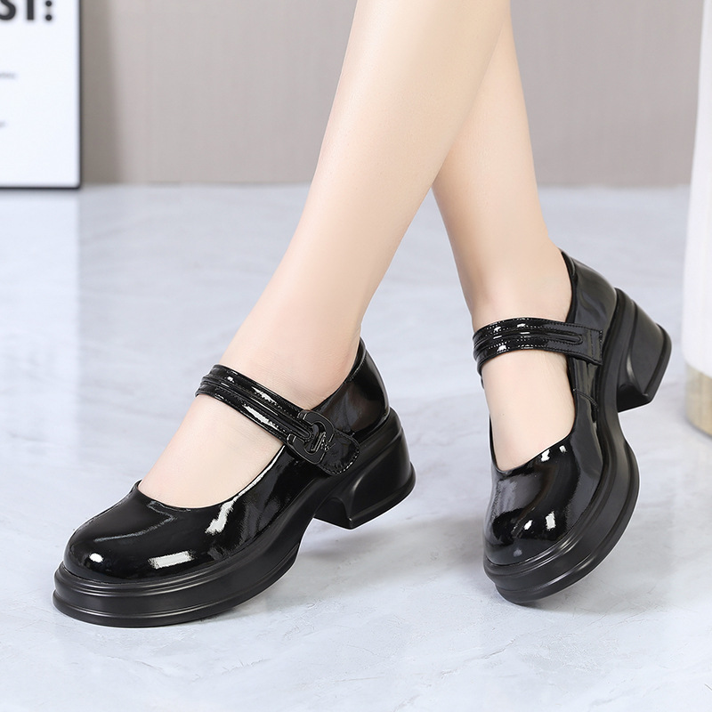 Giày Mary Jane nữ da thật mũi tròn đế dày bánh xốp nhẹ chống trượt — Màu đen