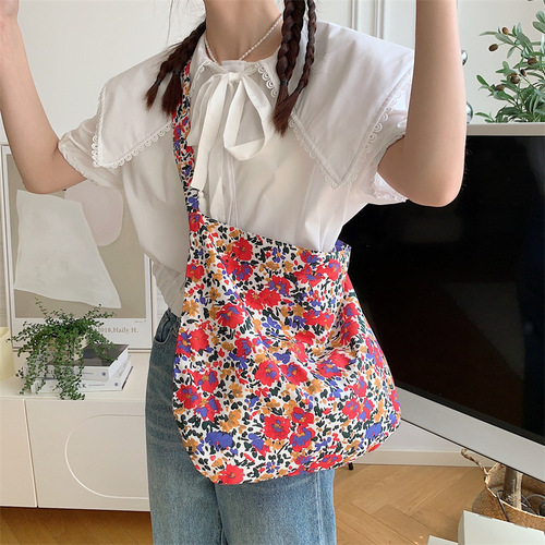 13165 Korean ins small fresh floral cotton bag student retro canvas shoulder bag fashionable women's crossbody bag