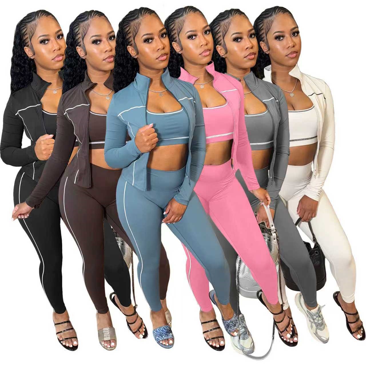 Hr25038 European and American Fashion Women's Racer Vest Zipper Thumb Buckle Long-Sleeved Tight Pants 3-Piece Suit for Women