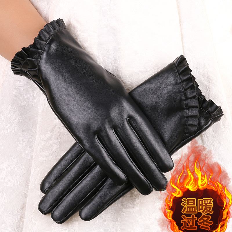 Guantes calientes de otoño e invierno para mujer de moda de encaje de cuero PU de estilo coreano forrado de lana a prueba de frío a prueba de agua guantes de pantalla táctil de moda