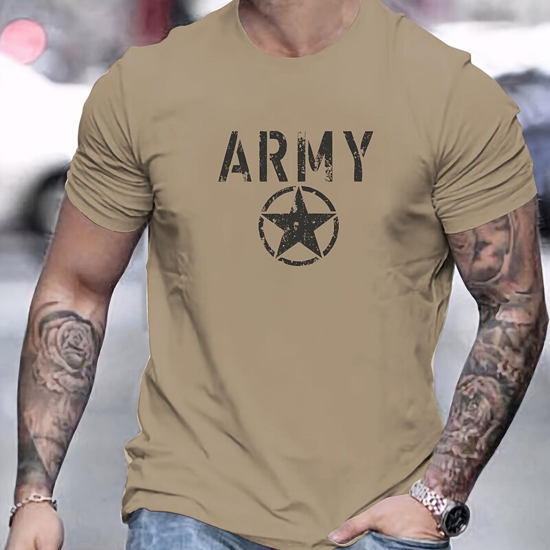 Men's Summer 100 Cotton Fashion Casual Loose Sports Army and Five-Pointed Star Printed Round Neck Short-Sleeved T-Shirt Top
