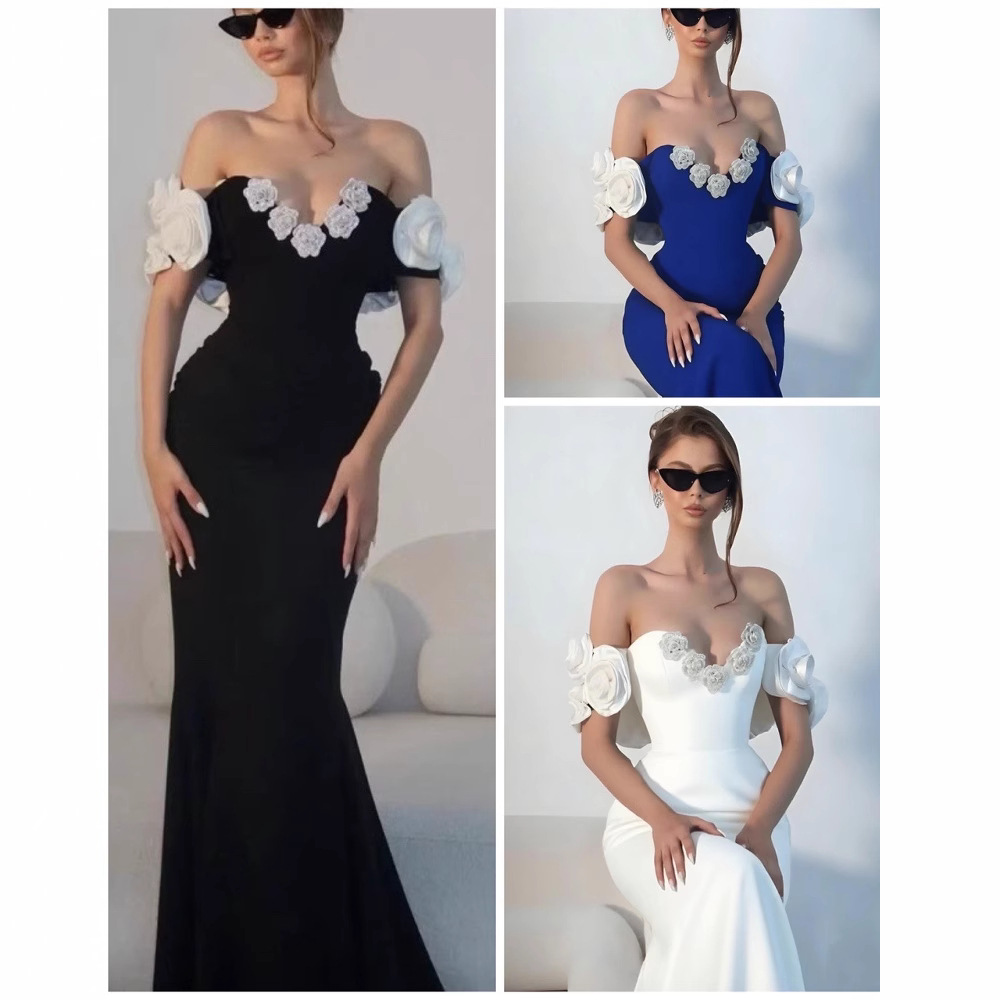 Elegant Fitted Strapless Long Dress Style Floral Embellishments Sleeveless Off-Shoulder Women's Dress_ecoleips.com