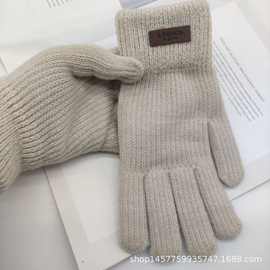 韩国针织毛线手套女士冬季防寒加厚加绒糖果色骑车触屏露指头五指